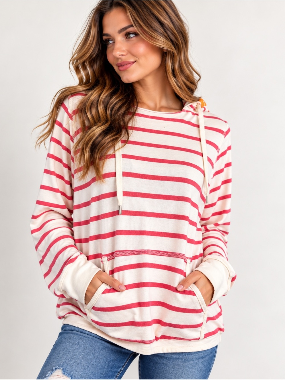 American Eagle Red & White Striped Hoodie Pullover Size XL Cozy Casual